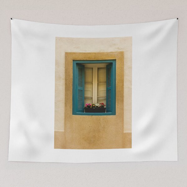 Item preview, Charming Window With Blue Shutters and Colorful Flowers in Urban Setting designed and sold by Nmallia.