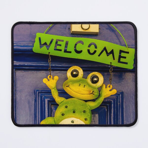 Item preview, Green Frog Welcome Sign Hanging on a Blue Door with Cheerful Design designed and sold by Nmallia.