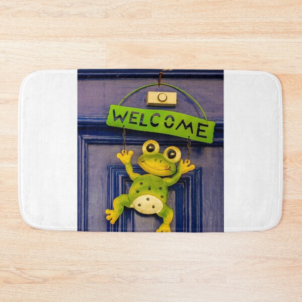 Item preview, Green Frog Welcome Sign Hanging on a Blue Door with Cheerful Design designed and sold by Nmallia.