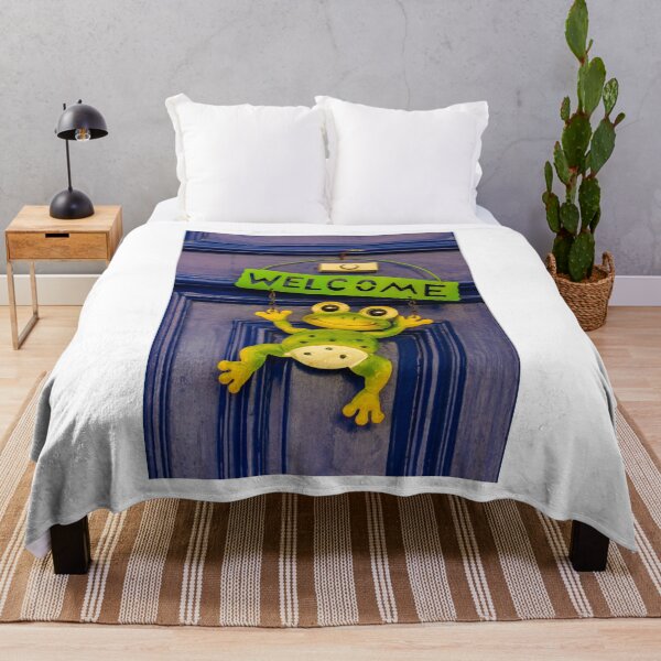 Item preview, Green Frog Welcome Sign Hanging on a Blue Door with Cheerful Design designed and sold by Nmallia.
