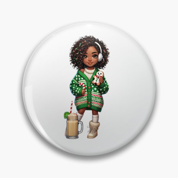 Item preview, Afro Christmas Girl in Green Sweater with Candy Cane & Latte designed and sold by Lulunza.
