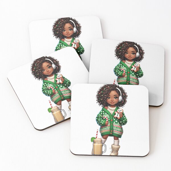 Item preview, Afro Christmas Girl in Green Sweater with Candy Cane & Latte designed and sold by Lulunza.