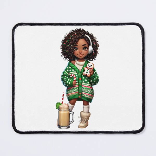 Item preview, Afro Christmas Girl in Green Sweater with Candy Cane & Latte designed and sold by Lulunza.