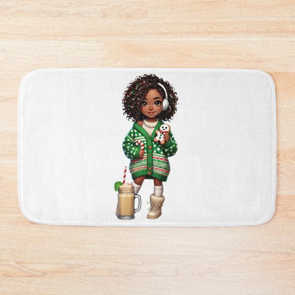 Item preview, Afro Christmas Girl in Green Sweater with Candy Cane & Latte designed and sold by Lulunza.