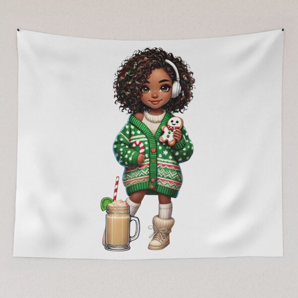 Item preview, Afro Christmas Girl in Green Sweater with Candy Cane & Latte designed and sold by Lulunza.