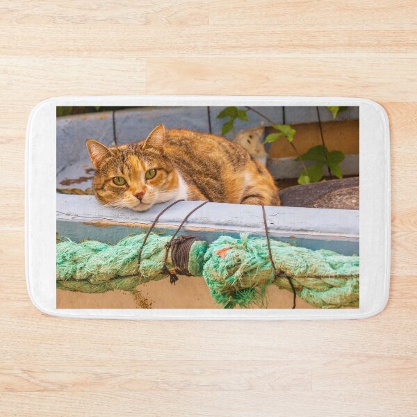 Item preview, Calico Cat Relaxing in Weathered Boat With Green Rope Outdoors designed and sold by Nmallia.