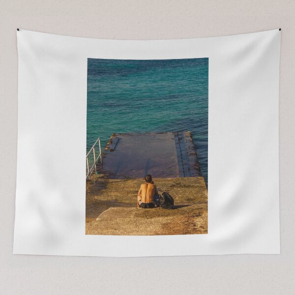 Item preview, unrecognisable man Relaxing on a Dock by Calm Blue Ocean in Sunny Weather designed and sold by Nmallia.