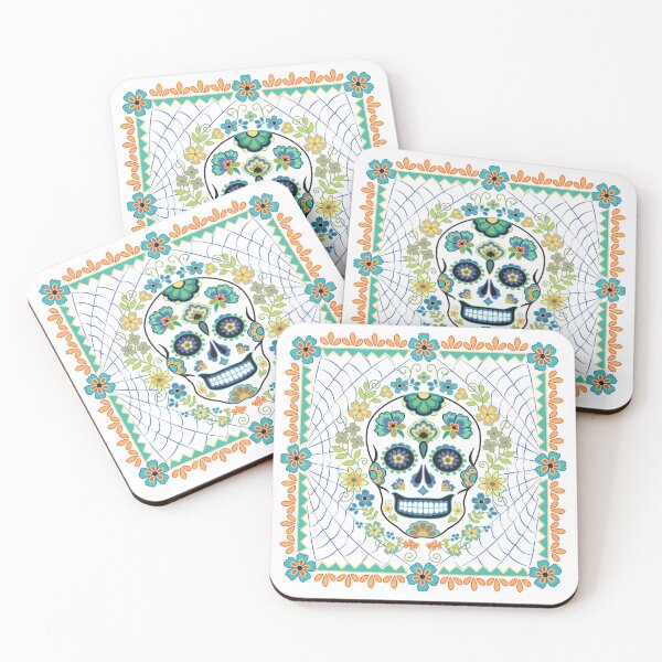 Item preview, Mexican Sugar Skull with Aqua flowers for Day of the dead designed and sold by Barbara Pixton.