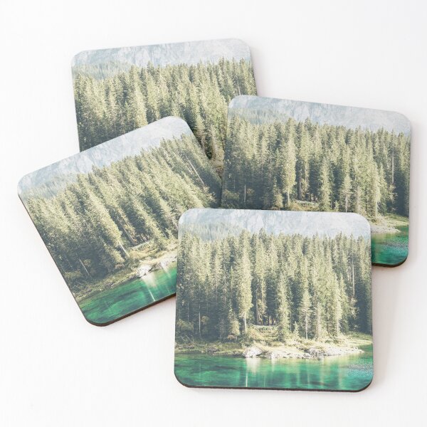 Item preview, Dolomites, Italy I Enchanting landscape of Lake Lago di Carezza with crystal clear turquoise water surrounded by fir breathtaking nature mountain scenery in the sunset light with rustic aesthetic designed and sold by Julie Travel Photography.