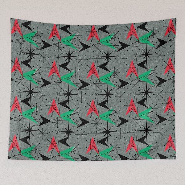 Item preview, Aqua Orange Black Arrows Starbursts on Gray Mid-Century Modern Style Linen Look designed and sold by CheriesArt.