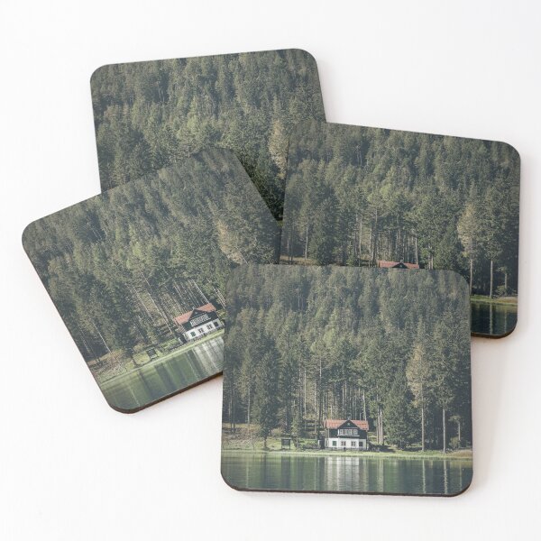 Item preview, Dolomites, Italy I Wooden chalet on Lake Lago di Dobbiaco surrounded by green fir trees in mountains with a dark moody aesthetic and the authentic rustic ambience of an Alps natural misty landscape designed and sold by Julie Travel Photography.