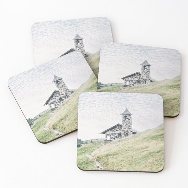 Item preview, Dolomites, Italy I Stone church on the Seceda mountain surrounded by greenery and its winding path to the authentic rustic architecture of a farmhouse in a nature green aesthetic Alps landscape designed and sold by Julie Travel Photography.