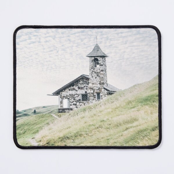 Item preview, Dolomites, Italy I Stone church on the Seceda mountain surrounded by greenery and its winding path to the authentic rustic architecture of a farmhouse in a nature green aesthetic Alps landscape designed and sold by Julie Travel Photography.