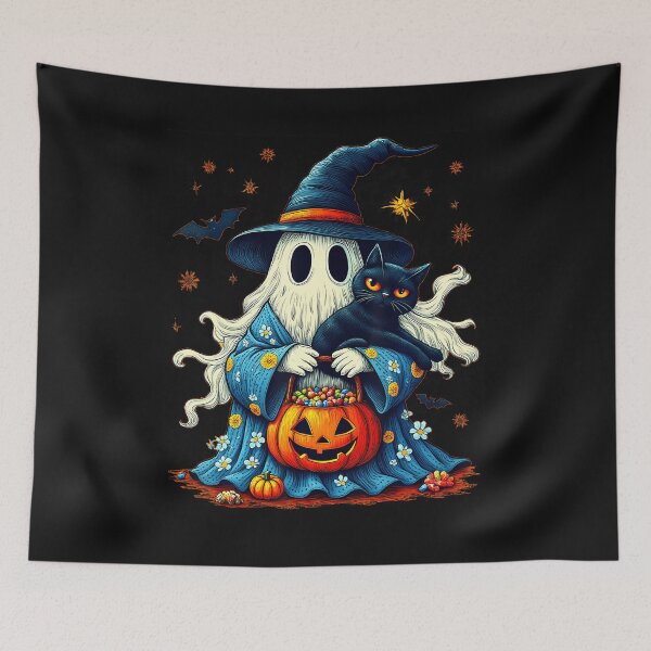 Item preview, Vintage Halloween 2025 Ghost Holding Black Cat Groovy Floral designed and sold by titusfacund.