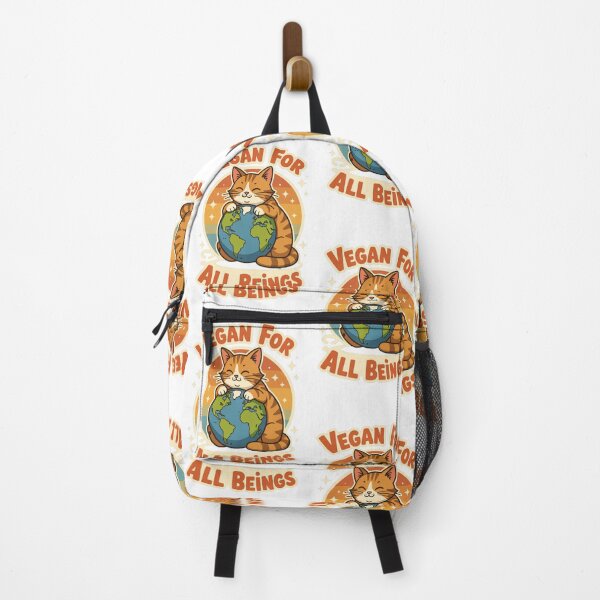 Item preview, Cute orange cat holding globe promotes veganism for all living beings in a vibrant design designed and sold by SpaceartLilu.