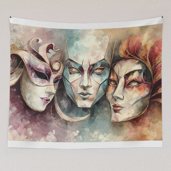 Artikelvorschau, Aquarell-Theatermaske-Wandkunst – Leinwanddruck „Maskerade“ entworfen und verkauft von jazzyfunky.