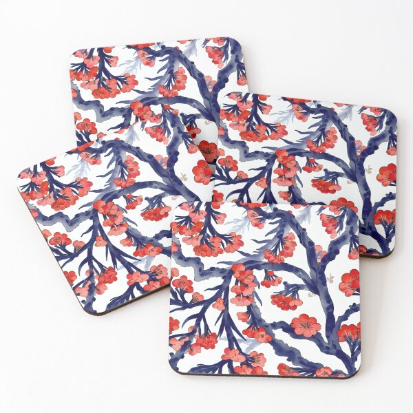 Item preview, Watercolor Illustration of Cherry Blossoms on Branches, Vibrant Red and Blue Colors designed and sold by Rue Market.
