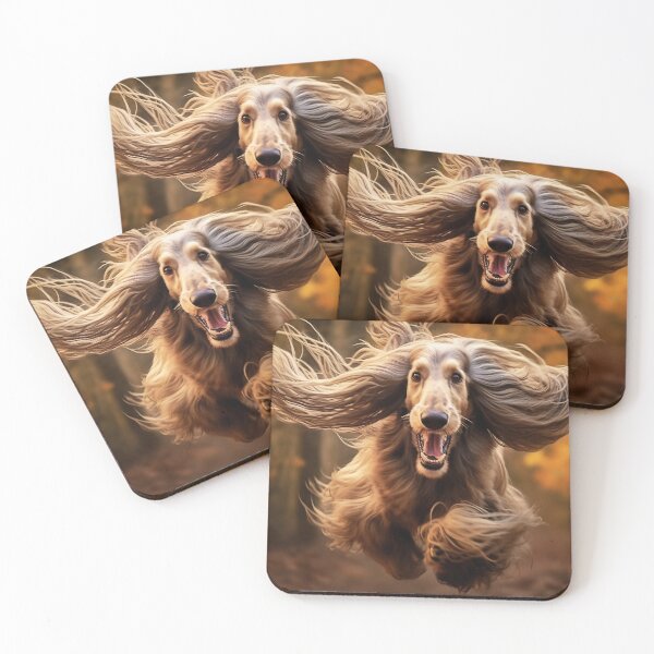 Item preview, Active healthy Afghan Hound dog running with open mouth sticking out tongue in the forest on autumn designed and sold by anytka.