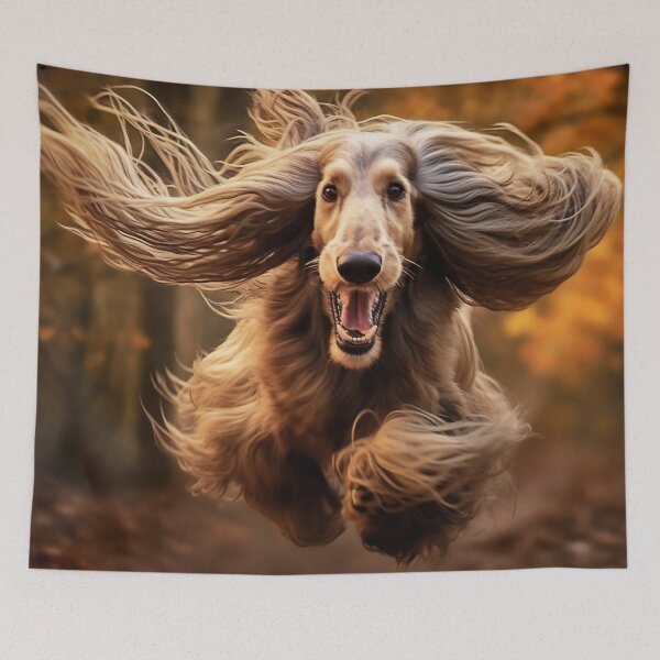 Item preview, Active healthy Afghan Hound dog running with open mouth sticking out tongue in the forest on autumn designed and sold by anytka.
