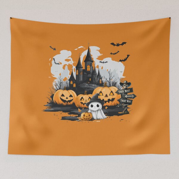 Item preview, Halloween castle on a hill, pumpkins and a ghost designed and sold by DżodżoJoy.