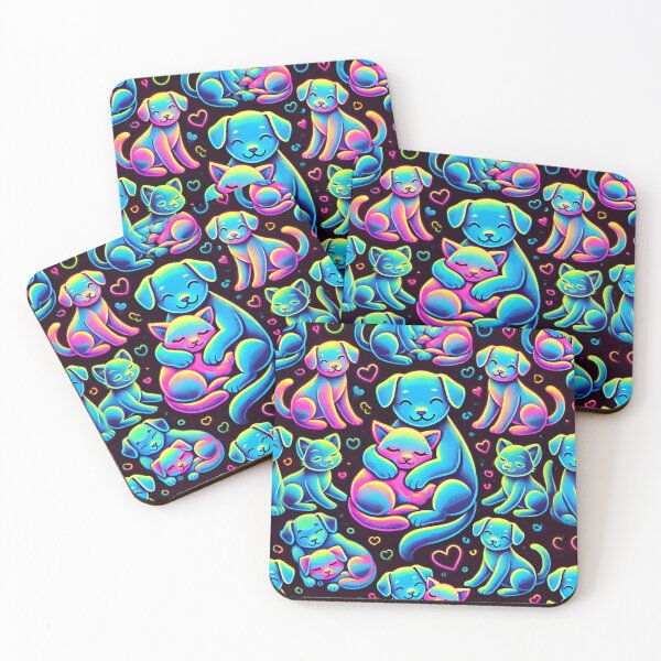 Item preview, Cute neon dogs and cats with colorful hearts designed and sold by AmigosFurEver.