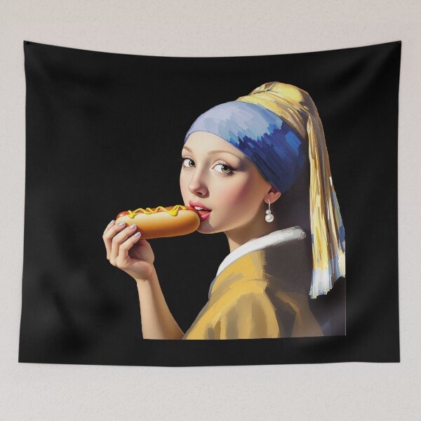 Item preview, Girl with a Pearl Earring Eating Hot Dog   designed and sold by TeeARTHY.