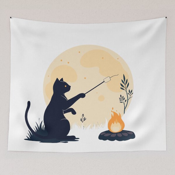 Item preview, Minimalist Cat Silhouette – Roasting Marshmallow Under Moonlight, Glowing Campfire Vector Design designed and sold by VividOrganica.