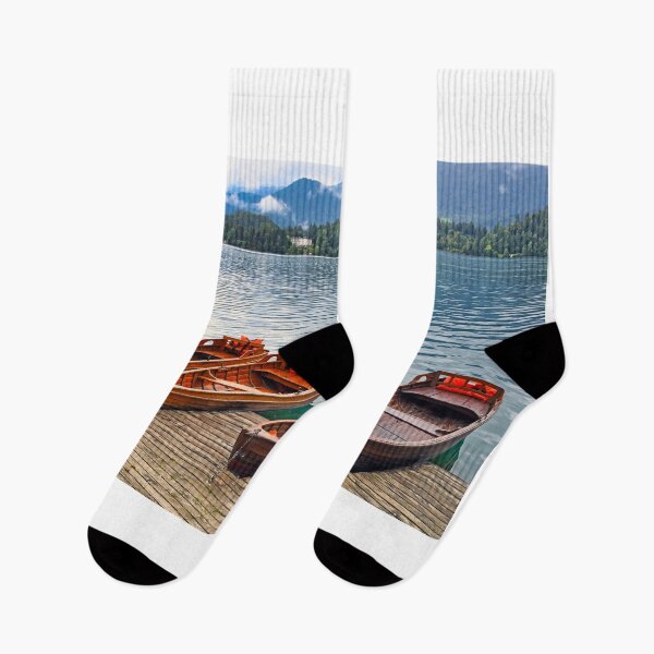 Item preview, Wooden boats and Pilgrimage Church of the Assumption of Maria,Lake Bled landscape, Slovenia designed and sold by goceris.