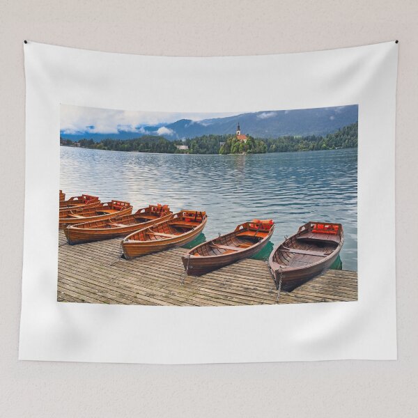 Item preview, Wooden boats and Pilgrimage Church of the Assumption of Maria,Lake Bled landscape, Slovenia designed and sold by goceris.