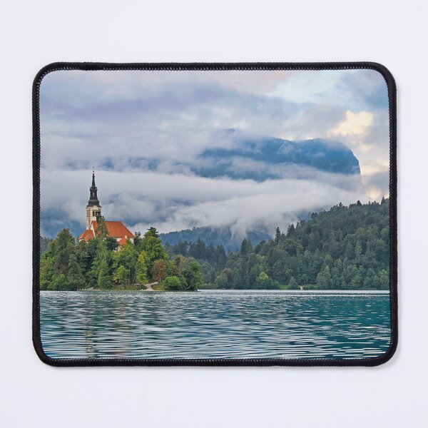 Item preview, Pilgrimage Church of the Assumption of Maria in the morning,clouds over mountains landscape,Lake Bled, Slovenia designed and sold by goceris.