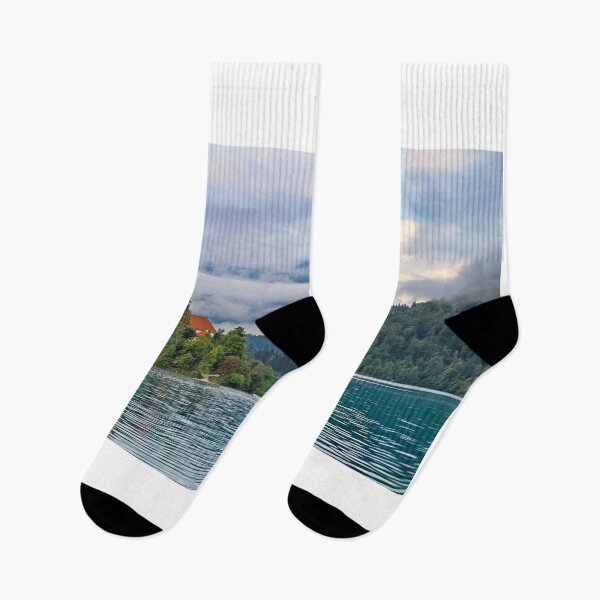 Item preview, Pilgrimage Church of the Assumption of Maria in the morning,clouds over mountains landscape,Lake Bled, Slovenia designed and sold by goceris.