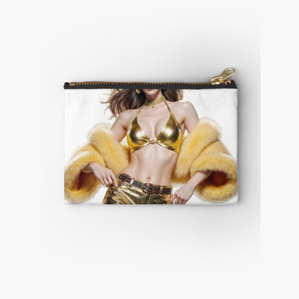 Item preview, Woman in Gold Bikini and Fur Jacket Against Black Background designed and sold by Creative88Art.
