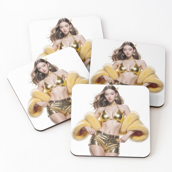 Item preview, Woman in Gold Bikini and Fur Jacket Against Black Background designed and sold by Creative88Art.