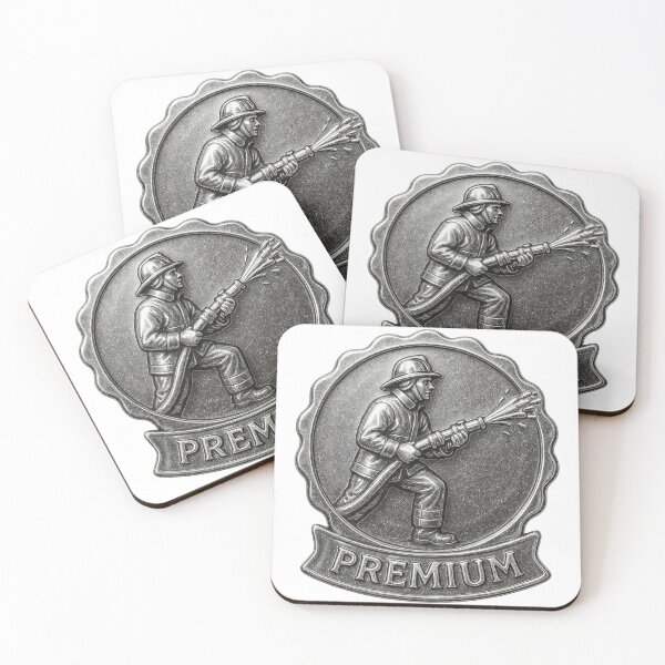 Item preview, Metallic Emblem of Firefighter Spraying Water with Premium Banner designed and sold by Creative88Art.