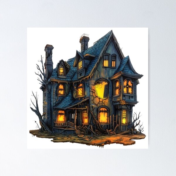 Item preview, Haunted Mansion – Creepy Abandoned Halloween House with Glowing Windows designed and sold by AlexLineArt.