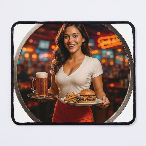 Item preview, Smiling Woman Holding Beer and Burger in a Lively Bar Setting designed and sold by Creative88Art.