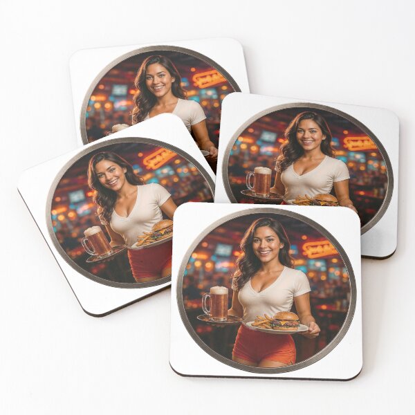 Item preview, Smiling Woman Holding Beer and Burger in a Lively Bar Setting designed and sold by Creative88Art.