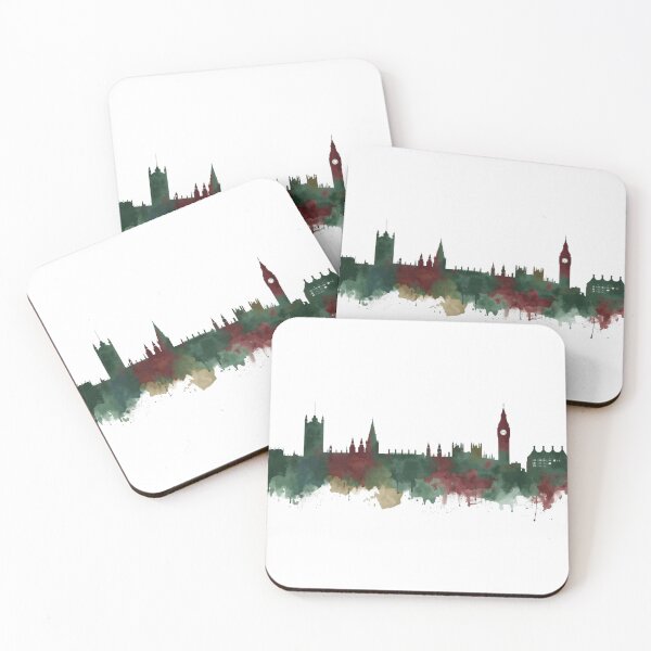 Item preview, London skyline in watercolor in green and red tones designed and sold by StormArte.