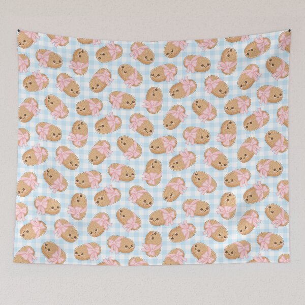 Item preview, Kawaii Pink Ribbon Croquette Coquette Gingham Light Blue Pattern designed and sold by miavaldez.