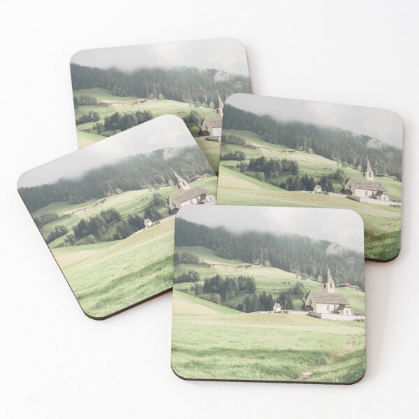 Item preview, Dolomites, Italy I Mountain church in the heart of nature Alps landscape beside Lake Lago di Braies between green hillsmajestic fir trees and a mysterious mist with a dark moody aesthetic vibes designed and sold by Julie Travel Photography.