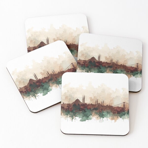 Item preview, Istanbul skyline in watercolor earth tones and greens designed and sold by StormArte.