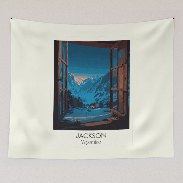 Item preview, Jackson Wyoming Travel Poster | Vintage Teton View & Cozy Cabin Wall Art designed and sold by TuncGK.