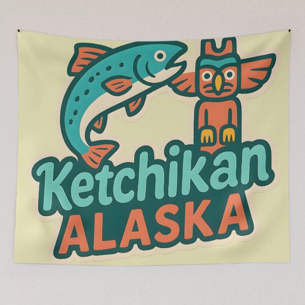 Item preview, Ketchikan Alaska Travel Design – Salmon and Totem Pole Illustration designed and sold by NeatSplash.