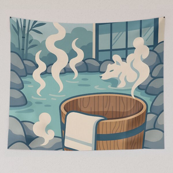 Item preview, Serene Outdoor Spa with Wooden Tub and Turquoise Pool designed and sold by PandaTShirtShop.