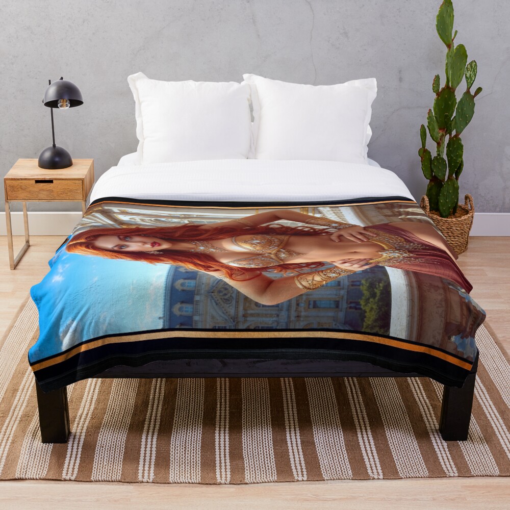 Golden Light Regal Portrait Of The Sunstone Empress Captivating AI Concept Art by Xzendor7 Decorative Art Print Throw Blanket