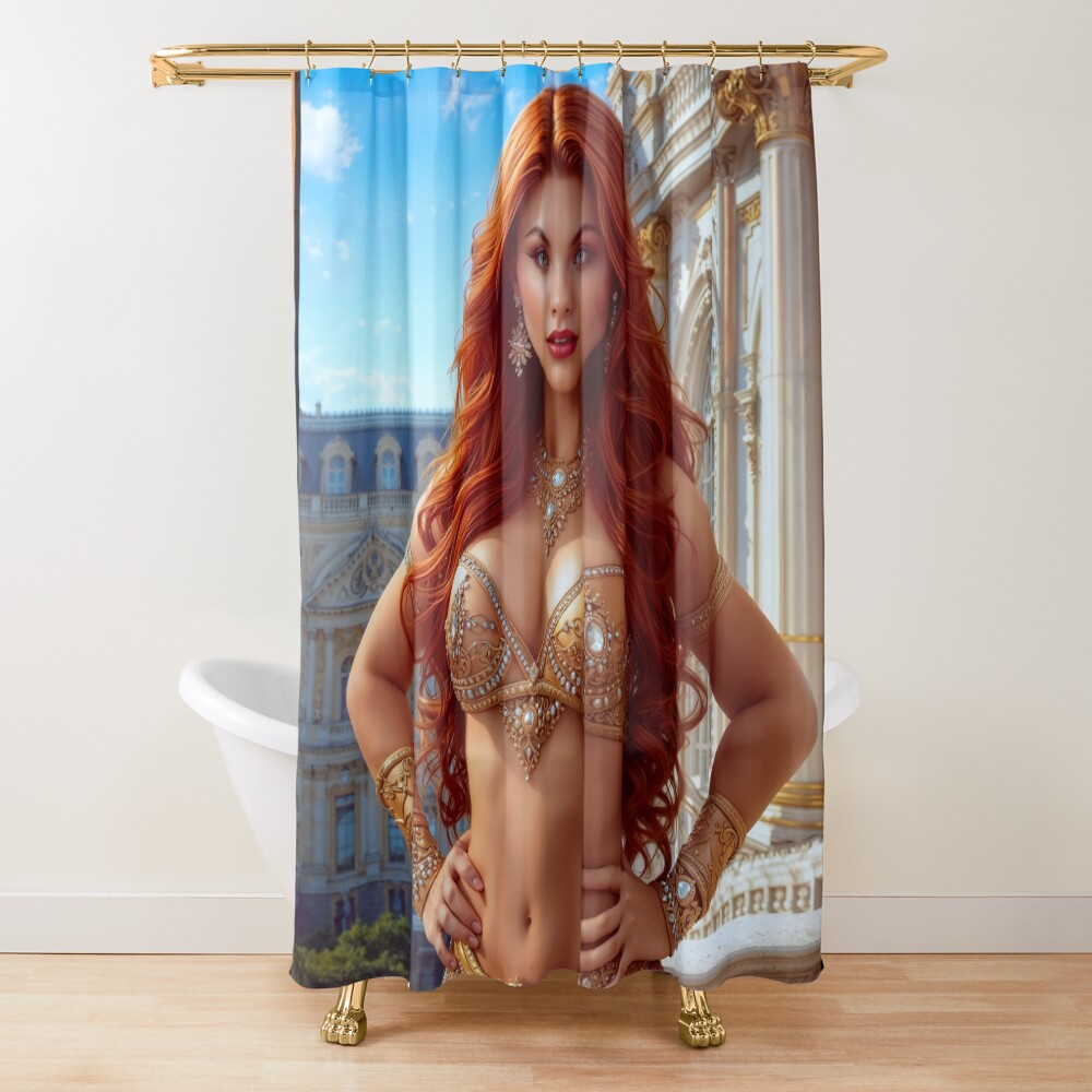 Golden Light Regal Portrait Of The Sunstone Empress Captivating AI Concept Art by Xzendor7 Decorative Art Print Shower Curtain
