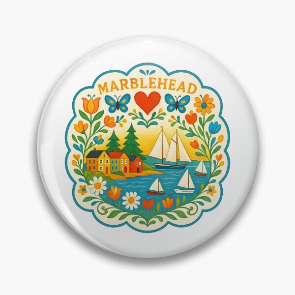 Artikelvorschau, Marblehead Harbor mit Segelbooten und Blumen – Skandinavische Volkskunst von heidiannemorris © entworfen und verkauft von FOLK ART FUSION by heidiannemorris.