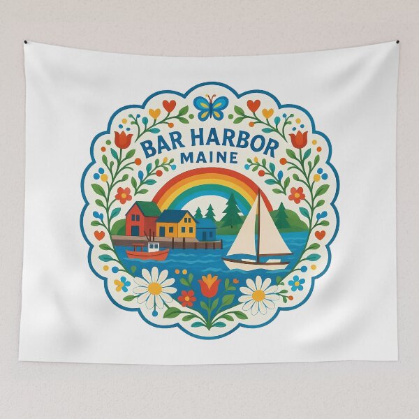 Item preview, Bar Harbor Maine with Sailboats and Flowers - Scandinavian Folk Art by heidiannemorris © designed and sold by FOLK ART FUSION by heidiannemorris.