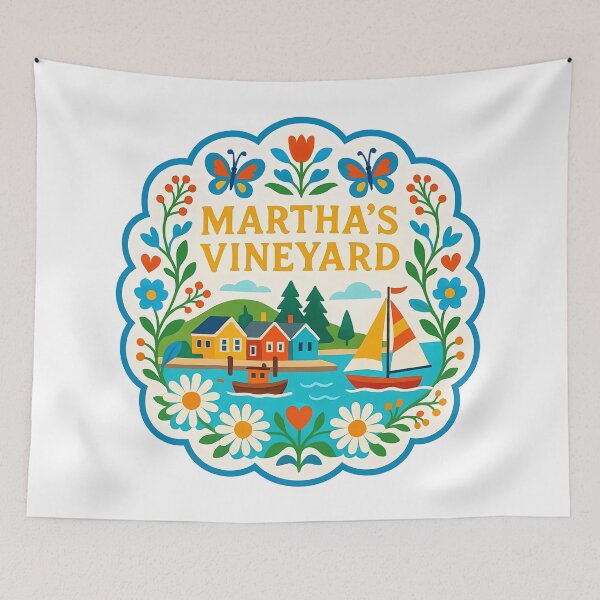 Item preview, Martha’s Vineyard Harbor with Sailboats and Flowers - Scandinavian Folk Art by heidiannemorris © designed and sold by FOLK ART FUSION by heidiannemorris.