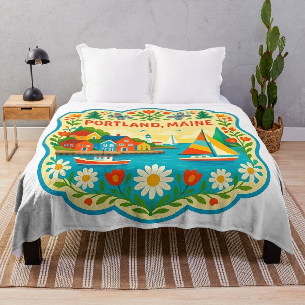 Item preview, Portland Harbor Maine with Sailboats and Flowers - Scandinavian Folk Art by heidiannemorris © designed and sold by FOLK ART FUSION by heidiannemorris.